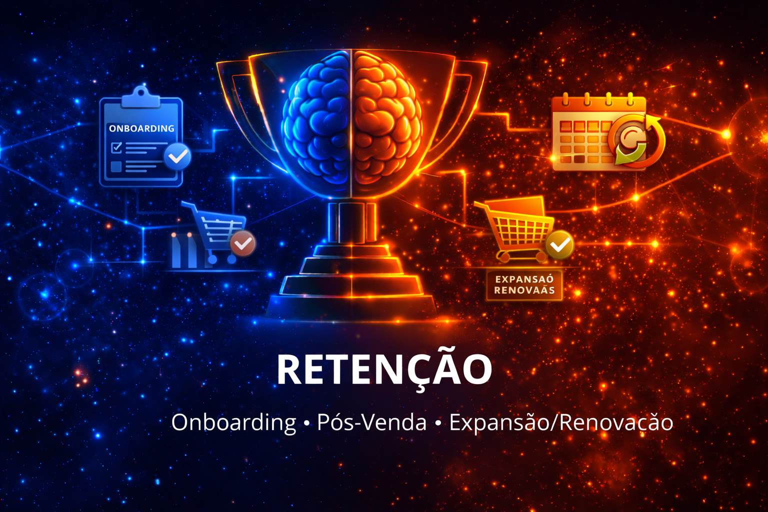 Portuguese promo graphic with blue-orange trophy and icons, labeled “RETENÇÃO” and “Onboarding • Pós-Venda • Expansão/Renovação”