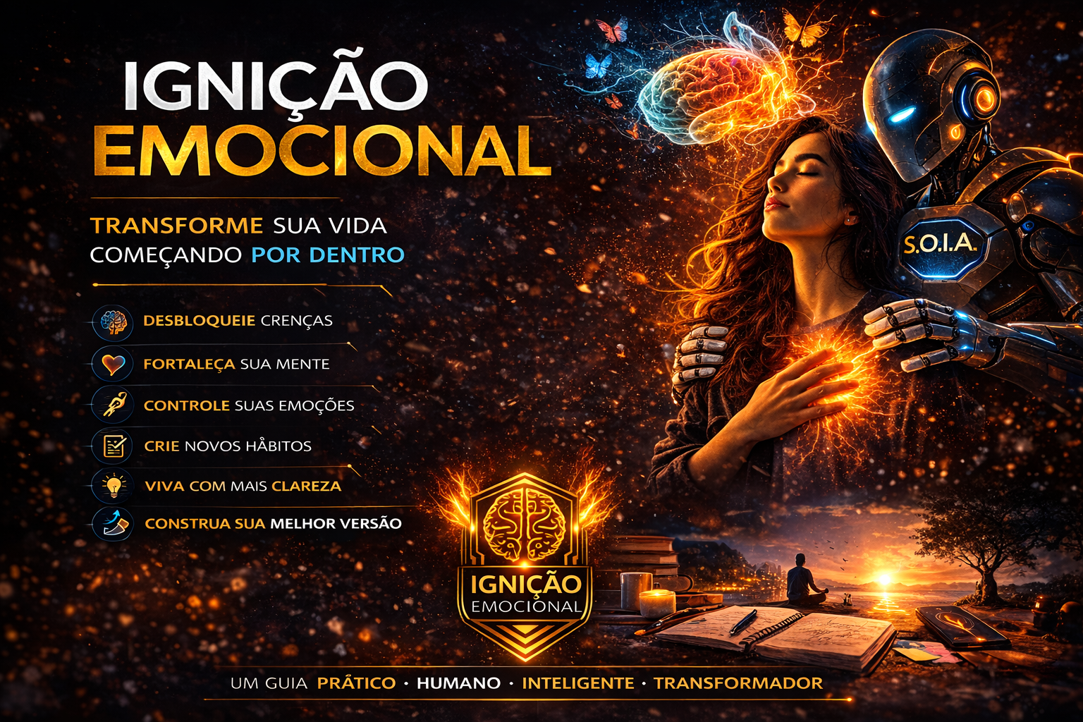 Cartaz “Ignicão Emocional” com mulher em roda de fogo, céu dramático e texto promocional sobre transformação.