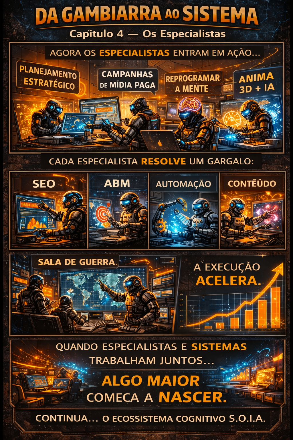 Cartaz português para “Da Gambiarra ao Sistema”, mostrando cenas de batalha em tons de azul e laranja e uma progressão do caos à ordem.