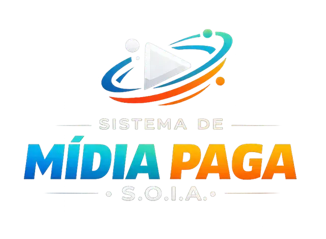 Logo “Mídia Paga S.O.I.A.” em azul, laranja e branco, com ícone de triângulo e órbitas.