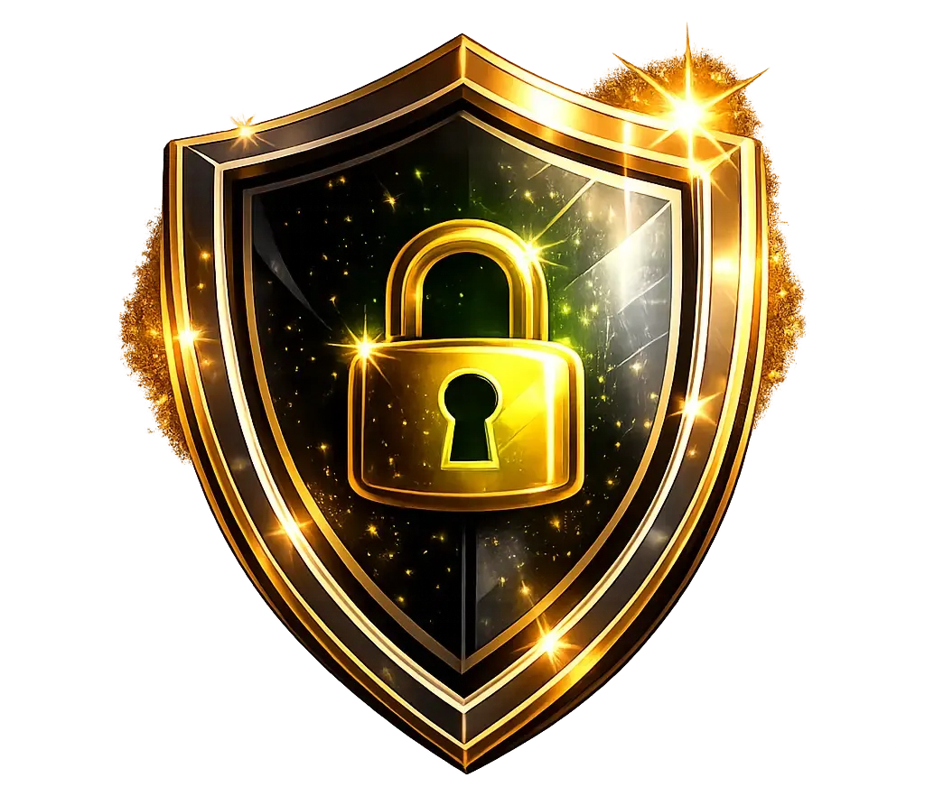 Escudo dourado com ícone de cadeado brilhante, simbolizando segurança e proteção.