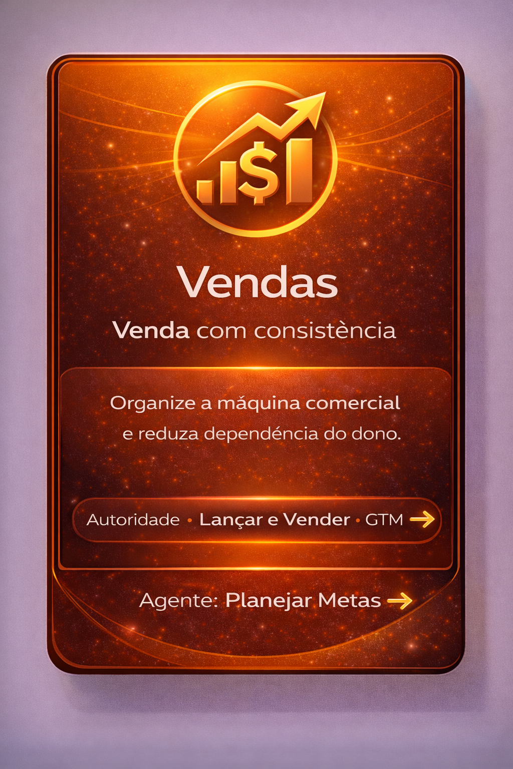Cartaz laranja de “Vendas” com ícone de gráfico e texto sobre organizar a equipe comercial.