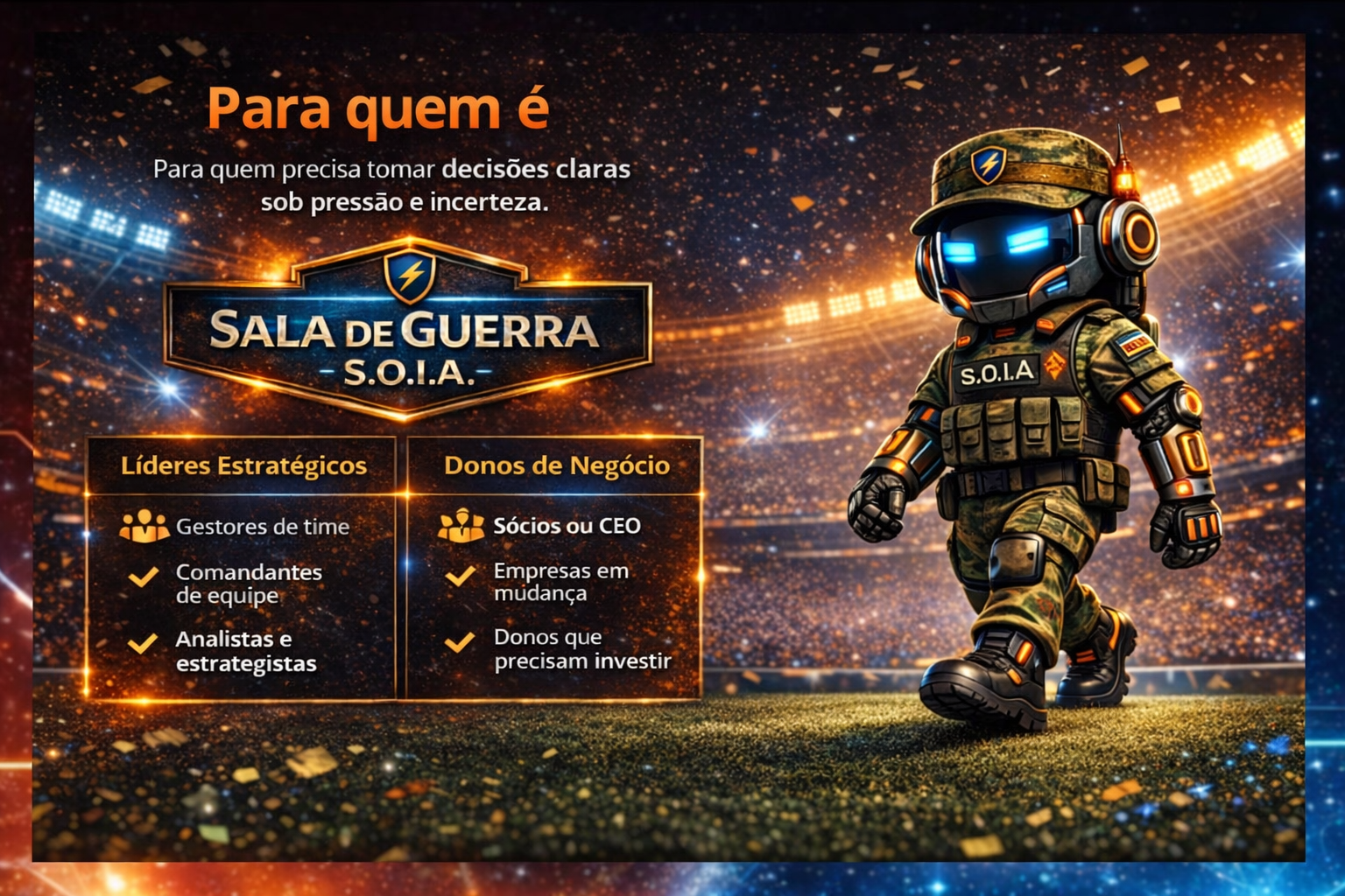 Anúncio em português sobre sala de guerra 5.0 IA, com robô futurista em cenário espacial laranja e azul.