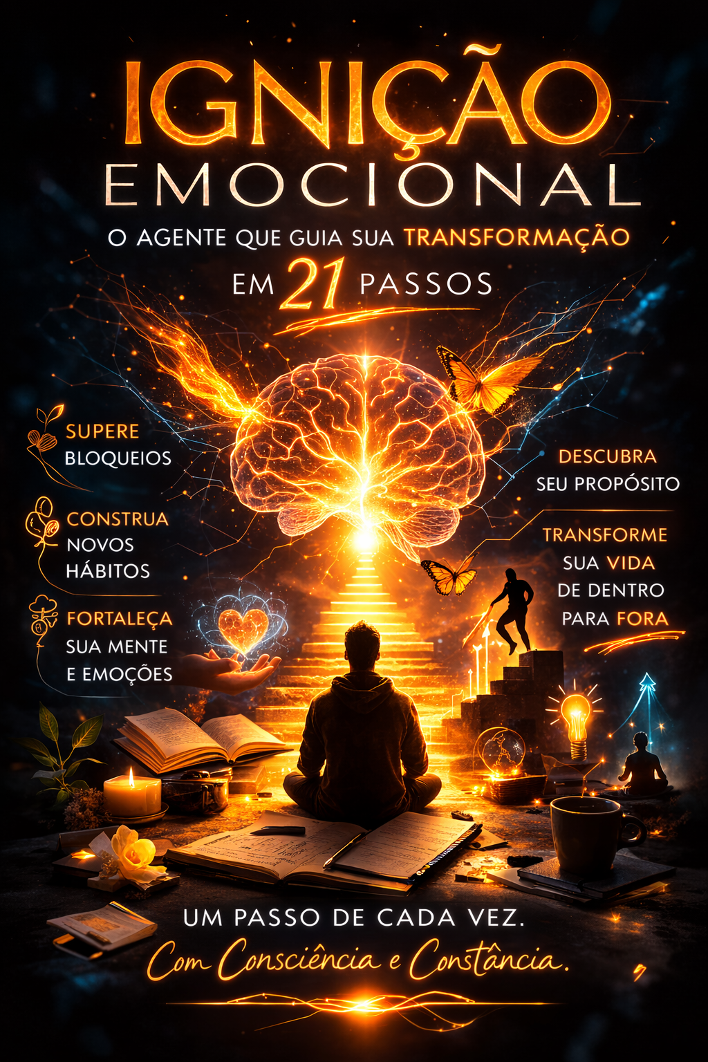 Cartaz em tons de laranja de um meditador diante de uma árvore de fogo, com o título “Ignição Emocional” e texto em português