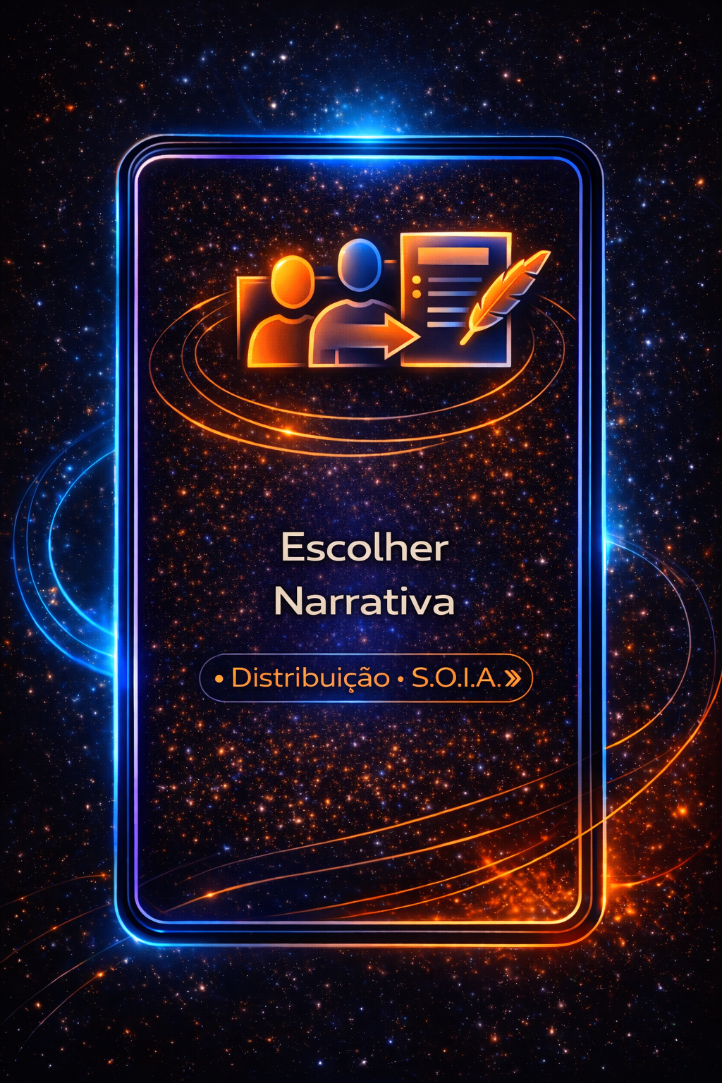 Design digital portátil com moldura azul-alaranjada brilhante e texto em espanhol “Escolher Narrativa” sobre fundo escuro.
