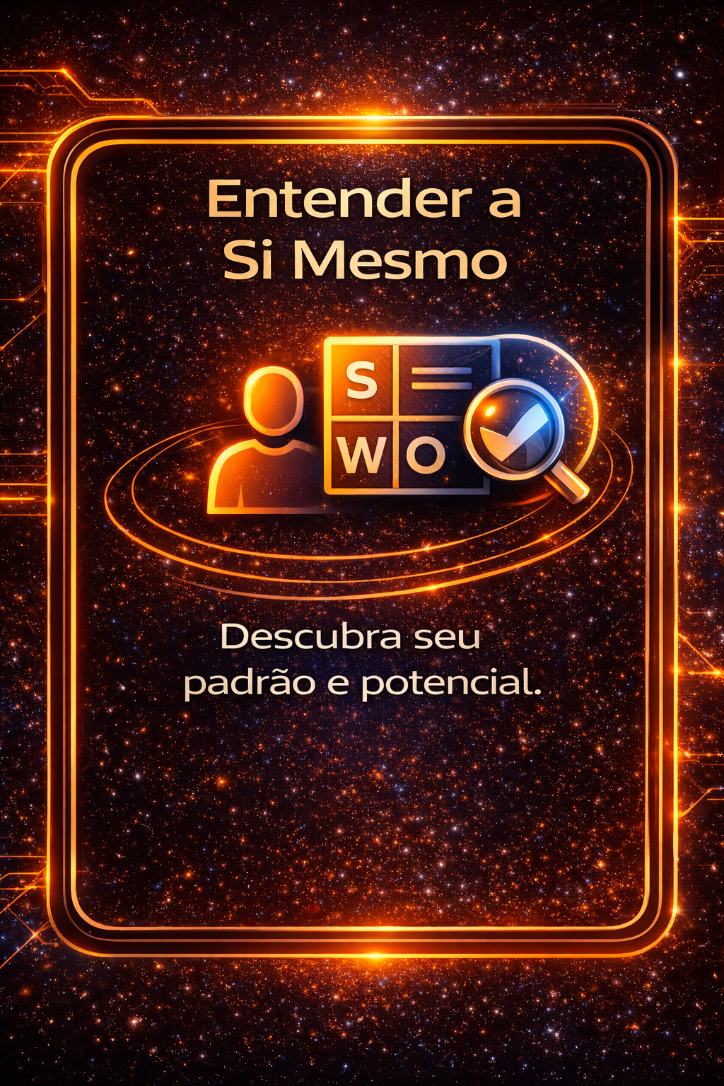 Cartaz laranja com tema digital: “Entender a Si Mesmo” e “Descubra seu padrão e potencial”.