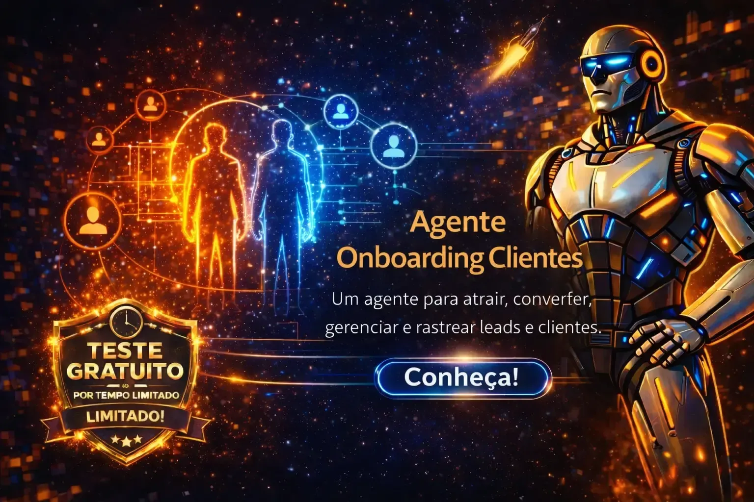 Banner for “Agente Onboarding Cliente” with futuristic robots and glowing blue-orange UI, featuring “Teste gratuito” and “Conheça!”