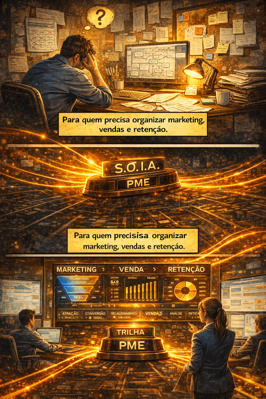 Profissional de marketing em uma mesa com telas brilhantes e texto promocional em espanhol sobre organização de marketing, vendas e gestão.