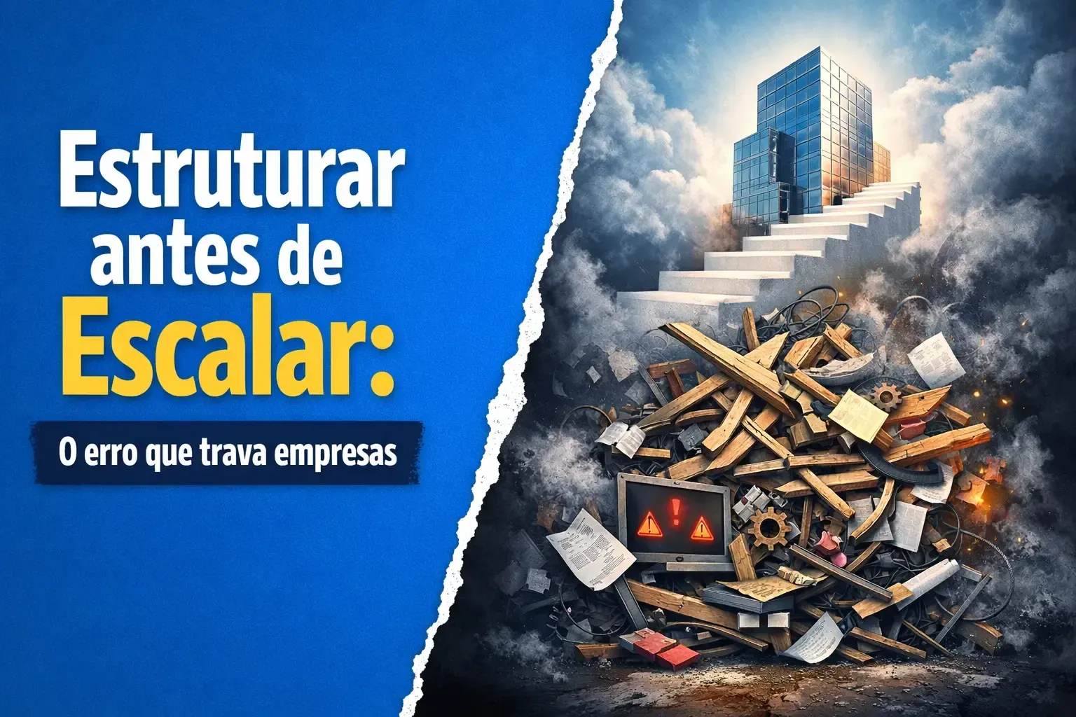 Texto “Estruturar antes de Escalar: O erro que trava empresas” sobre fundo azul e prédio emergindo de escombros.