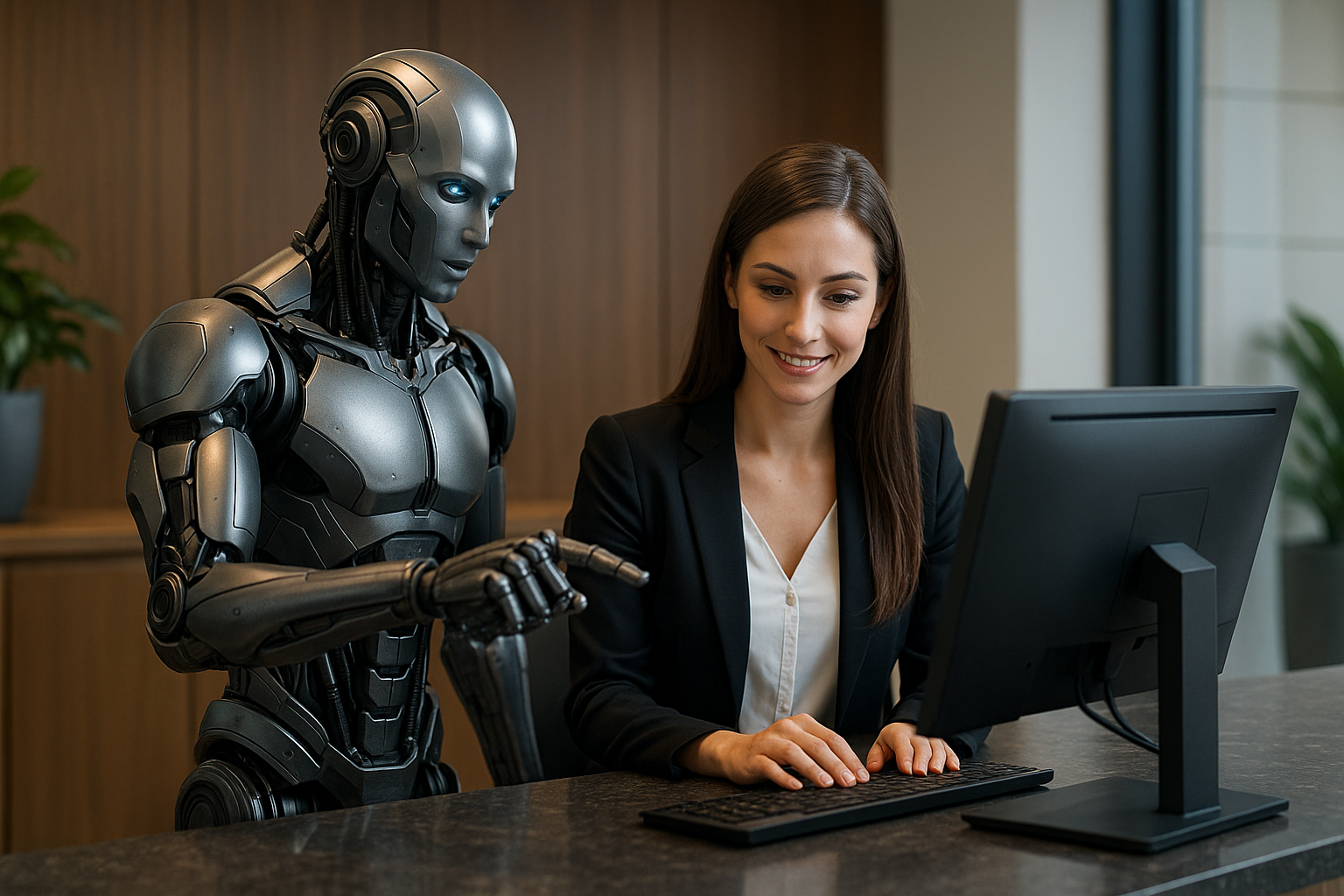 Robô auxiliando uma mulher a usar um computador de mesa.