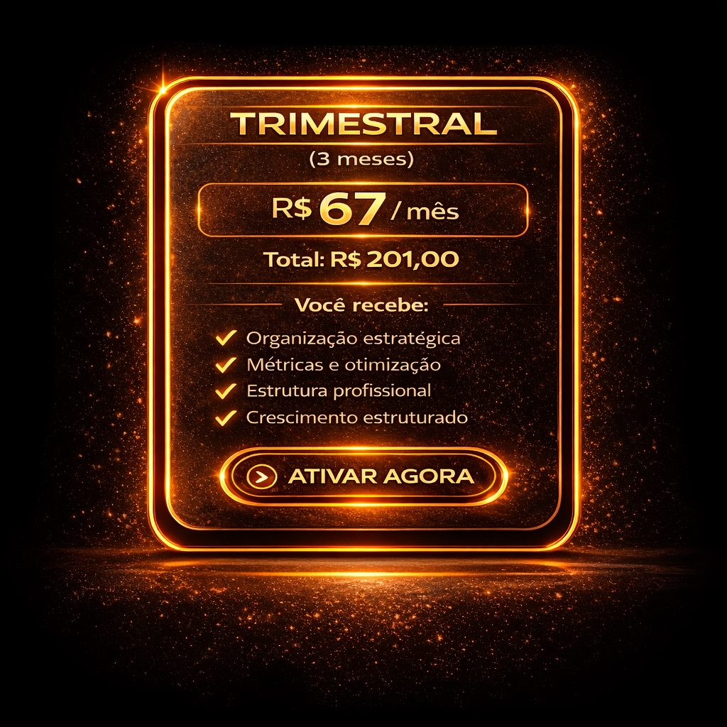 Plano de assinatura trimestral dourado sobre fundo preto, com preço e botão “Ativar agora”.