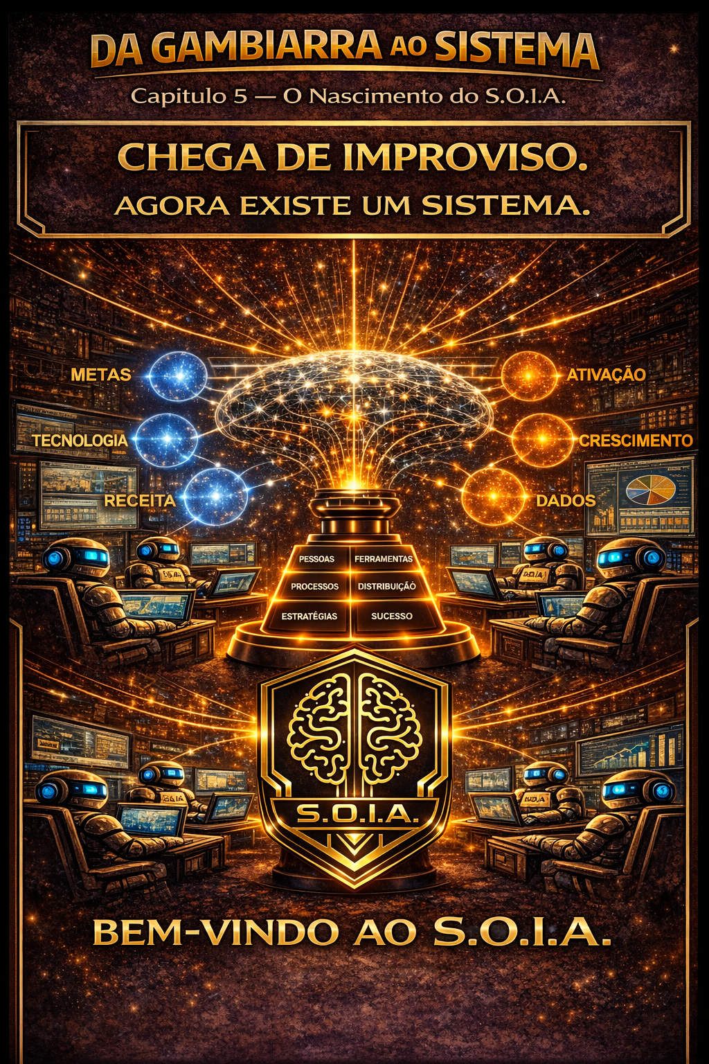 Pôster em português com IA em tons de dourado e azul, escadas centrais e texto “Chega de improviso. Agora existe um sistema.”