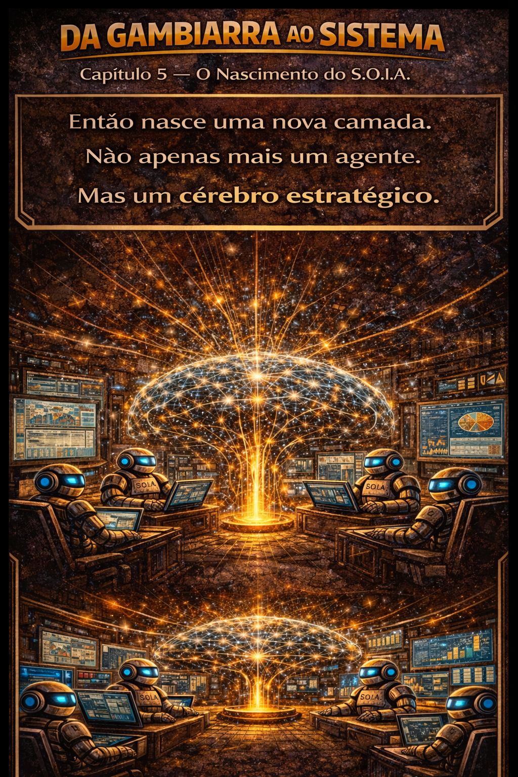Poster em tons laranja com texto “Da gambiarra ao sistema” e uma máquina industrial brilhando ao centro.