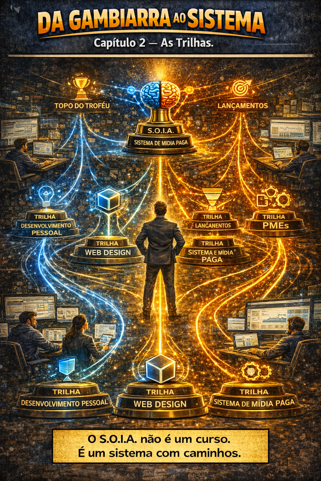 Infográfico em português, com caminhos azul e dourado e uma pessoa central, sobre o SOA e sistemas digitais.
