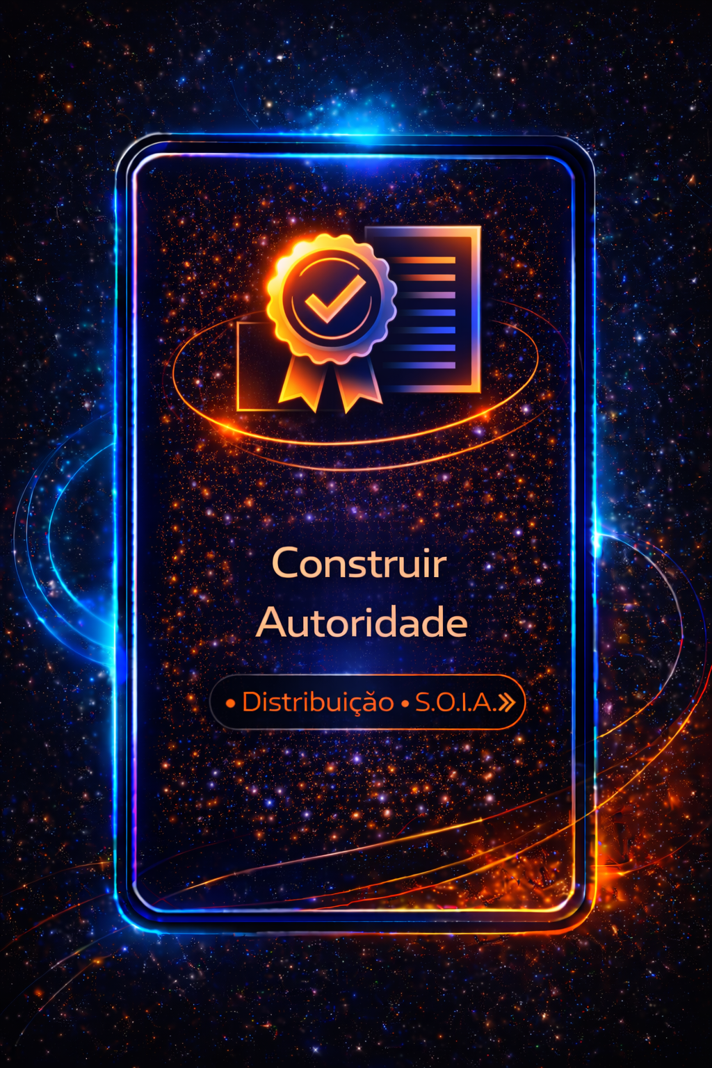 Dark neon poster with a medal icon and the text “Construir Autoridade” and “Distribuição - SCALA”