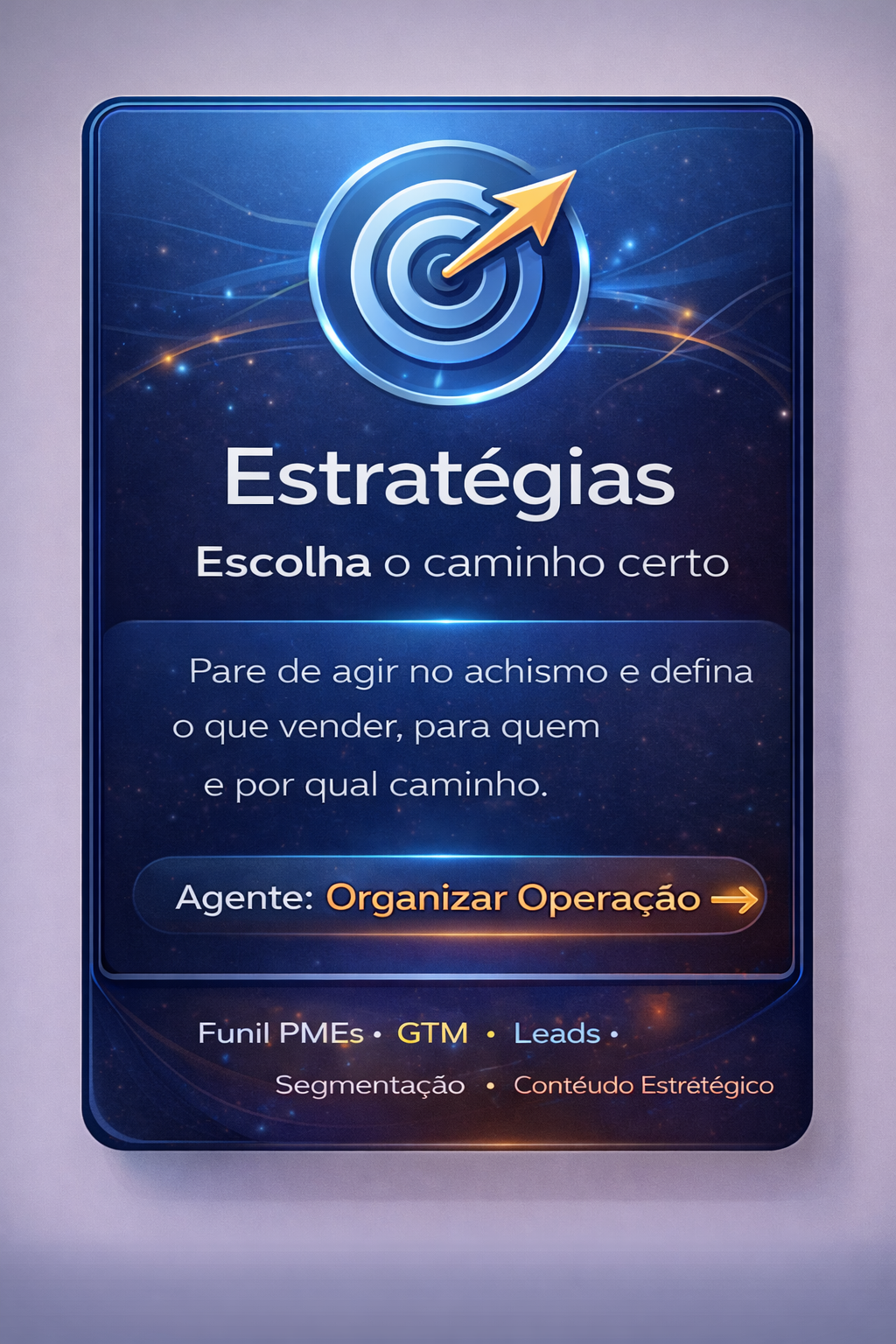 Cartaz azul com alvo e seta, título “Estratégias” e texto sobre escolher o caminho certo para vender.