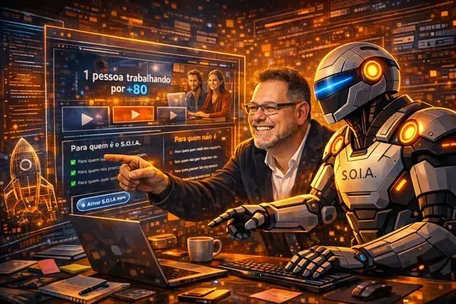 Homem sorrindo ao lado de um robô em um espaço de trabalho tecnológico iluminado em laranja, apontando para a tela de um laptop.