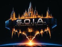 Logotipo da SOIA sobre uma cidade futurista brilhante flutuando acima do horizonte de um planeta.