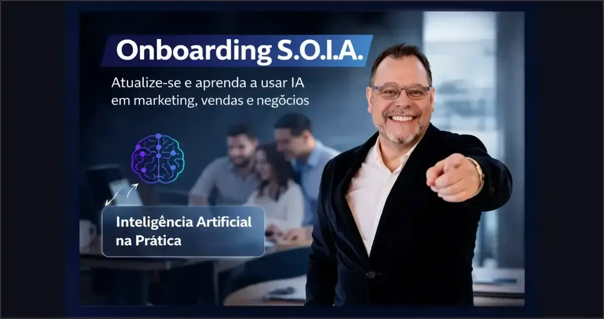 Banner de workshop “Onboarding S.O.I.A.”, com homem sorrindo e apontando em fundo azul
