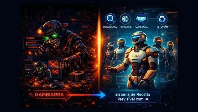 Imagem dividida: soldado neon à esquerda, cirurgião futurista à direita, com interface de usuário azul brilhante e texto em português.