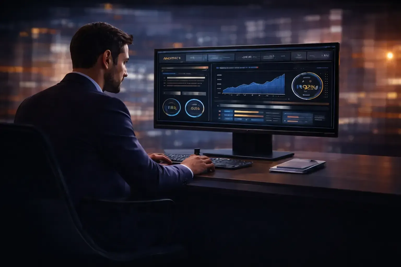 Pessoa visualizando análises financeiras em um monitor de computador em um escritório com pouca luz, com gráficos e painéis azuis exibidos.