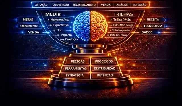 O cérebro está dividido em azul à esquerda e laranja à direita, com rótulos em português para estratégia, mídia, campanhas e resultados.
