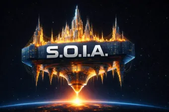 Logotipo da SOIA sobre uma cidade futurista brilhante flutuando acima do horizonte de um planeta.