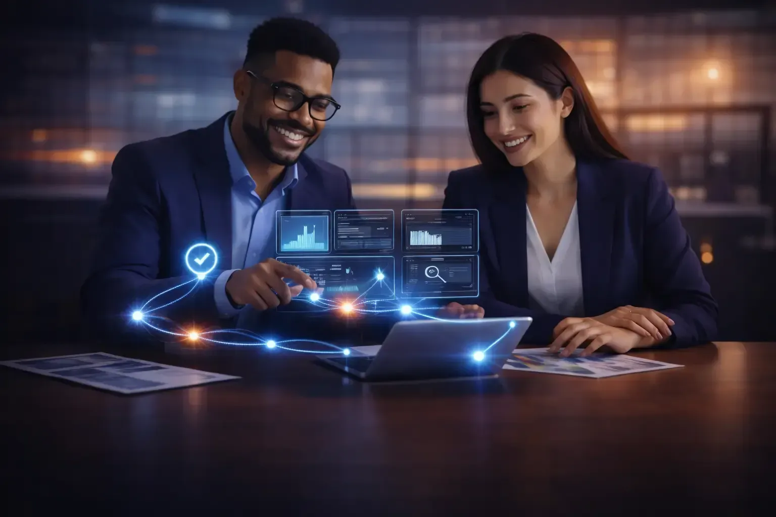 Dois colegas analisando dados em um laptop iluminado em um escritório moderno à noite.