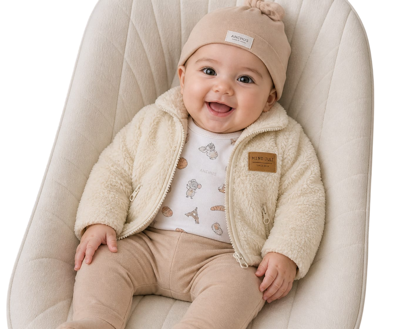 Bebé sonriente con un conjunto de punto beige y gorro, sentado en una silla color crema.