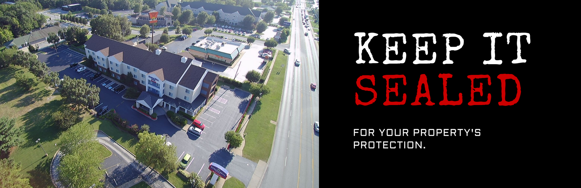 Aerial view of a commercial property with a black sidebar featuring text: