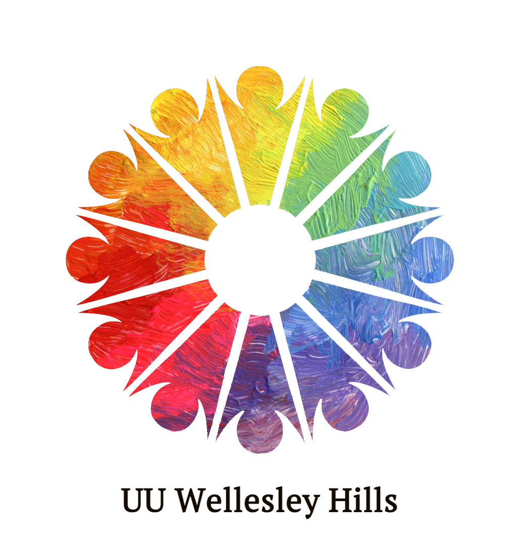 Colorful circle of silhouetted figures holding hands around a white center. 