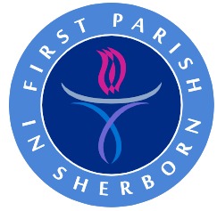 Logo for First Parish Sherborn: Blue circle with text, central symbol of a flame and embracing lines.