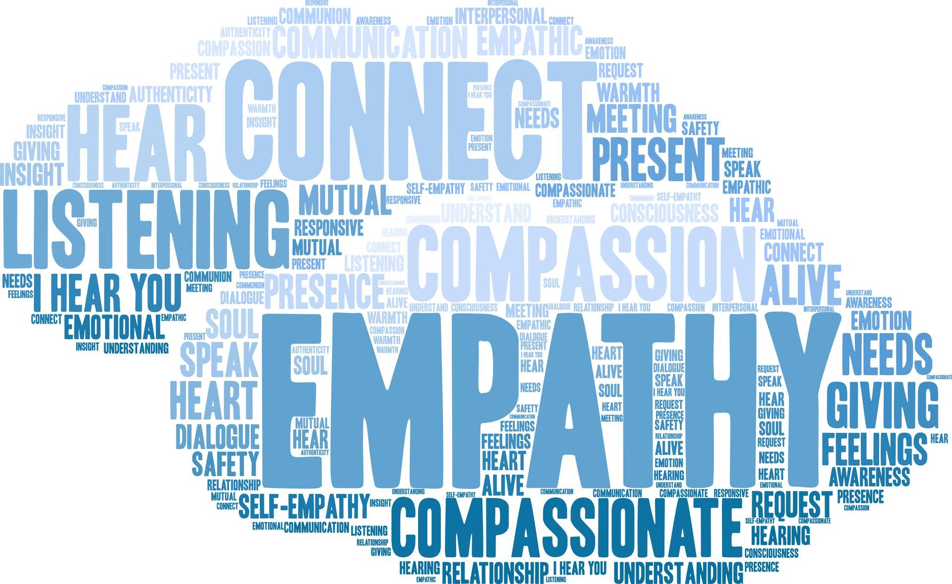 Word cloud in blue shades; emphasizes 