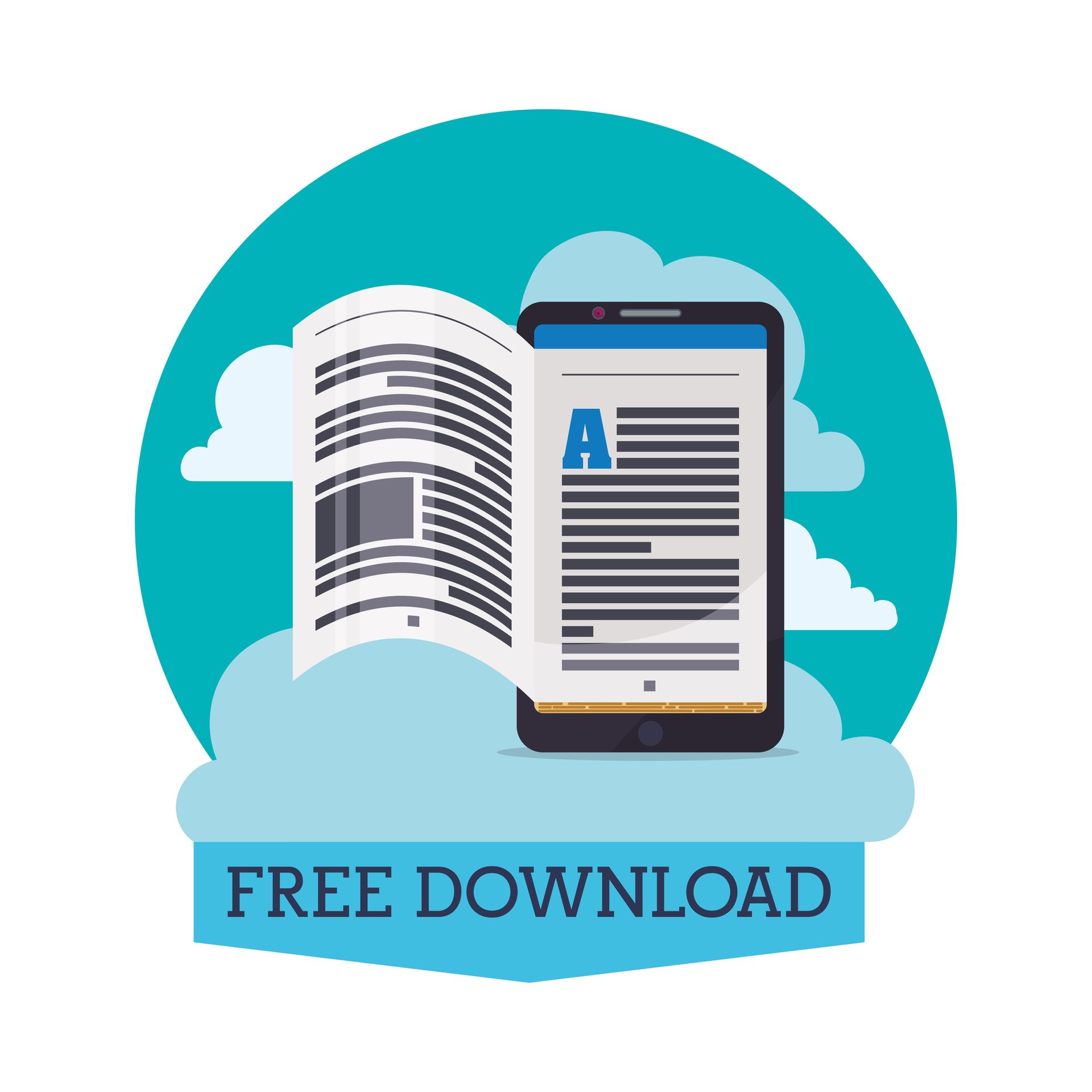 Smartphone en boek met open pagina's, wolkenachtergrond en gratis te downloaden tekst.