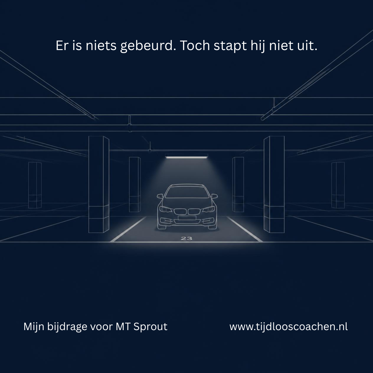 Lijntekening van een auto in een lege parkeergarage, met één verlicht vak. Erbij staat de tekst: 'Er is niets gebeurd. Toch stapt hij niet uit.'