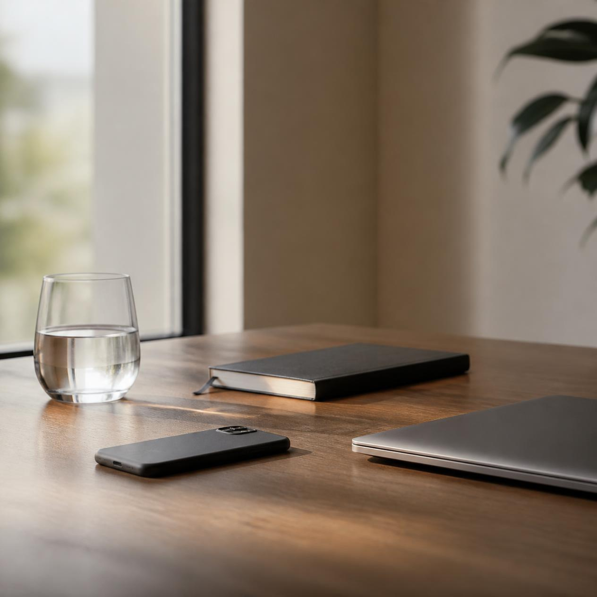 Een telefoon met het scherm naar beneden naast een glas water en een gesloten notitieboek. Tijdloos Coachen, Johan F. Reinhoudt, executive transformatiecoach.
