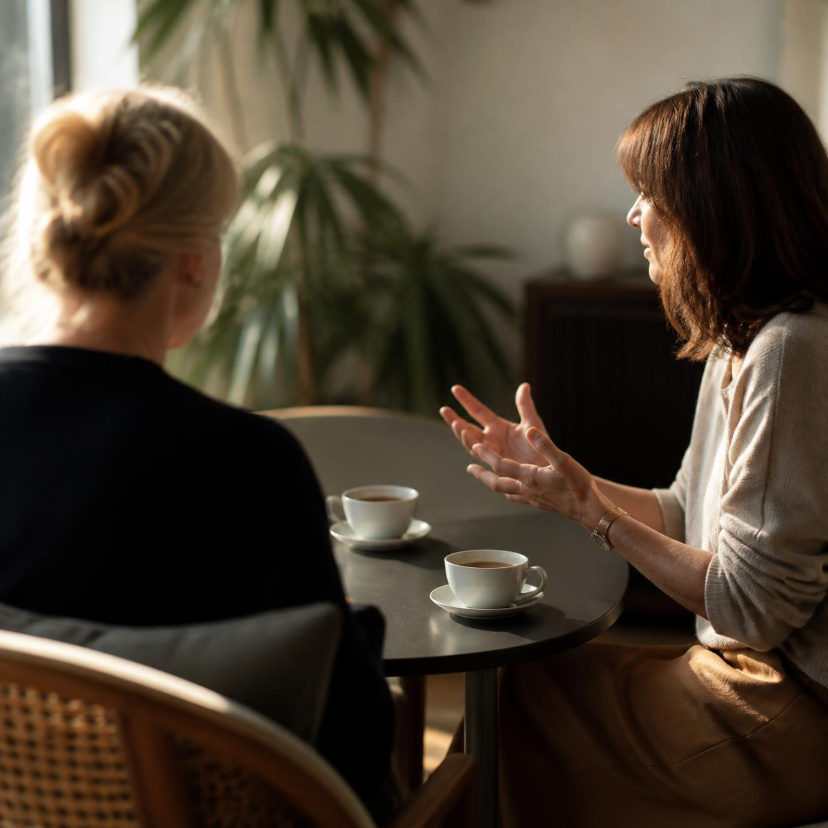 Twee bestuurders voeren een rustig gesprek aan een klein tafeltje met thee. Tijdloos Coachen, Johan F. Reinhoudt executive transformatiecoach.