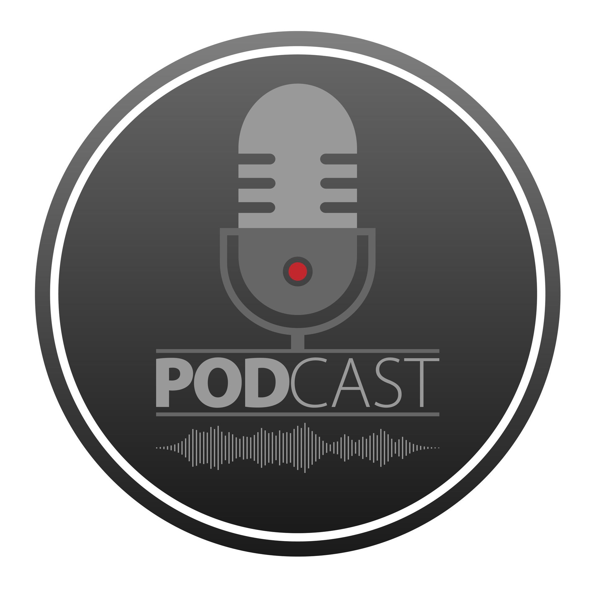 Tijdloos Coachen™ Podcastlogo met een grijze microfoon, het woord 'PODCAST' en een afbeelding van een geluidsgolf.