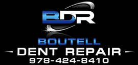 Logo for Boutell Dent Repair. Blue and white BDR letters on black, phone number 978-424-8410.