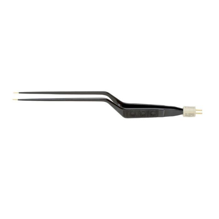 Electrosurgical bipolar forceps with black handles, used in surgery.