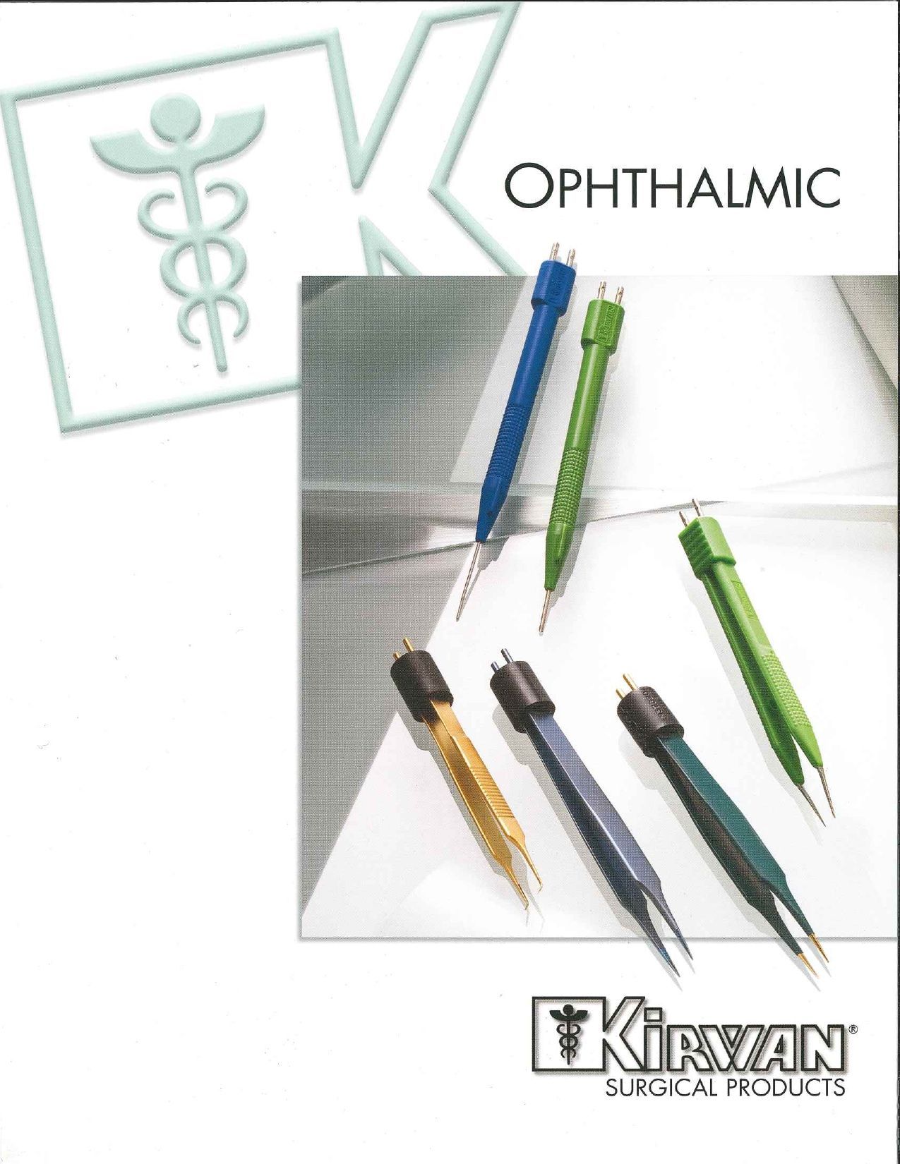 Ophthalmic medical instruments on a white background with logo and caduceus symbol.