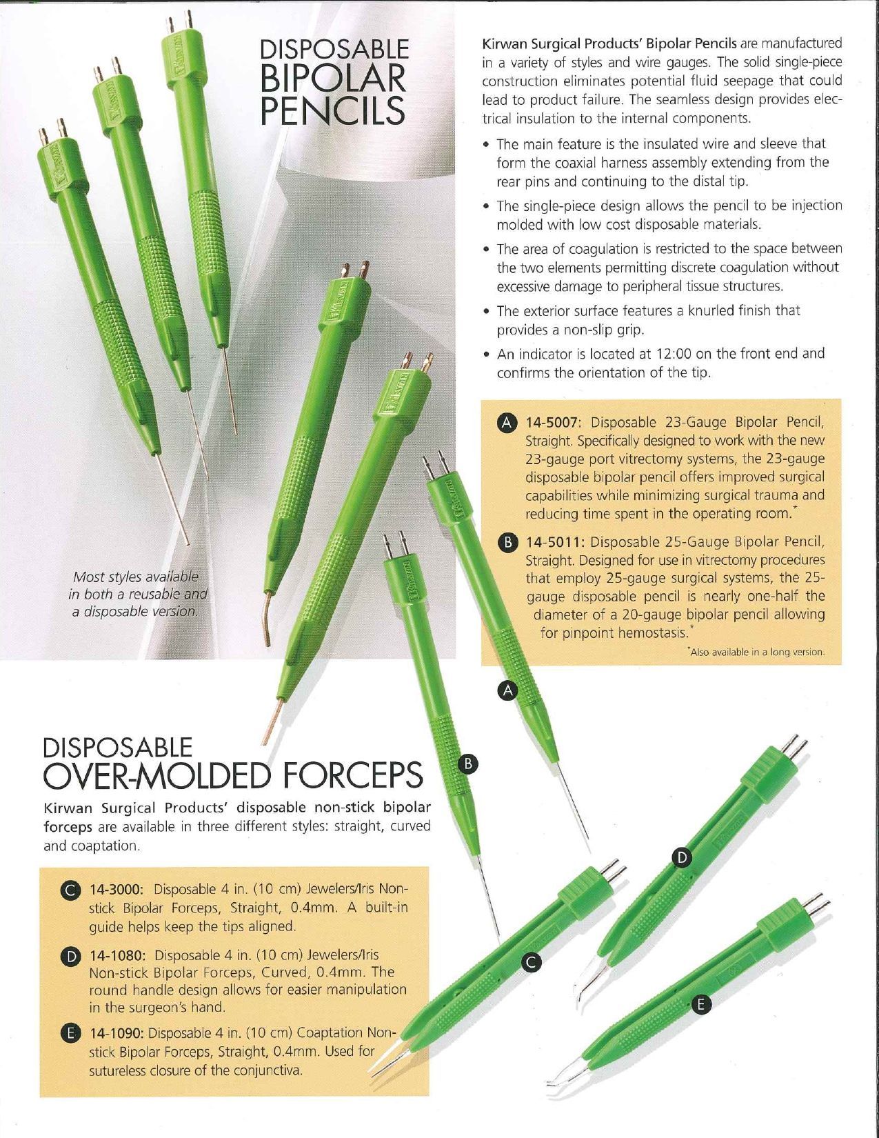 Green surgical bipolar pencils and forceps on a white background, for medical use.