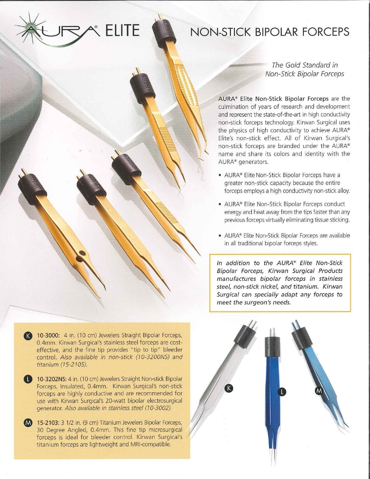 Gold-colored Aura Elite Non-Shock Electrode Forceps, used in medical settings, with text describing the product features.
