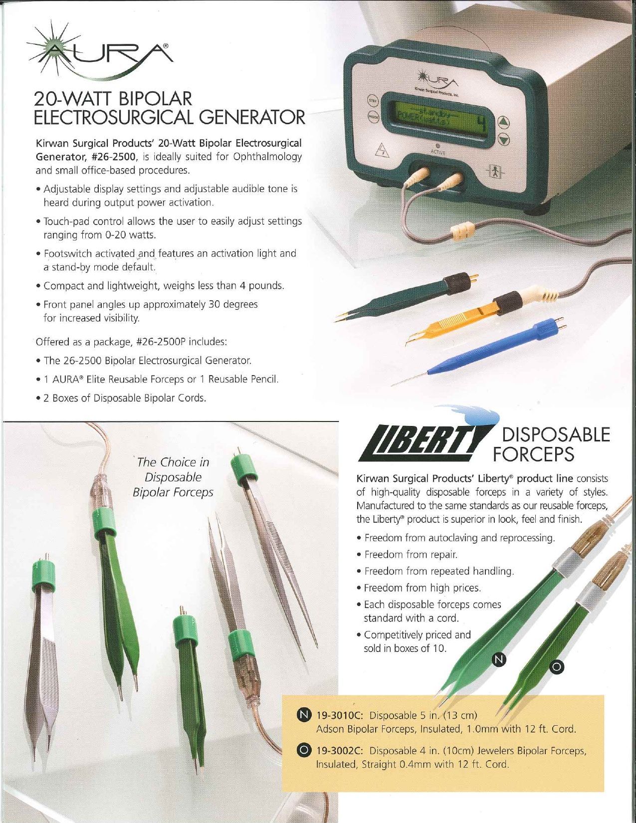 An advertisement for a 50-watt bipolar electrosurgical generator with various tools. It includes a generator unit, forceps, and other surgical instruments.