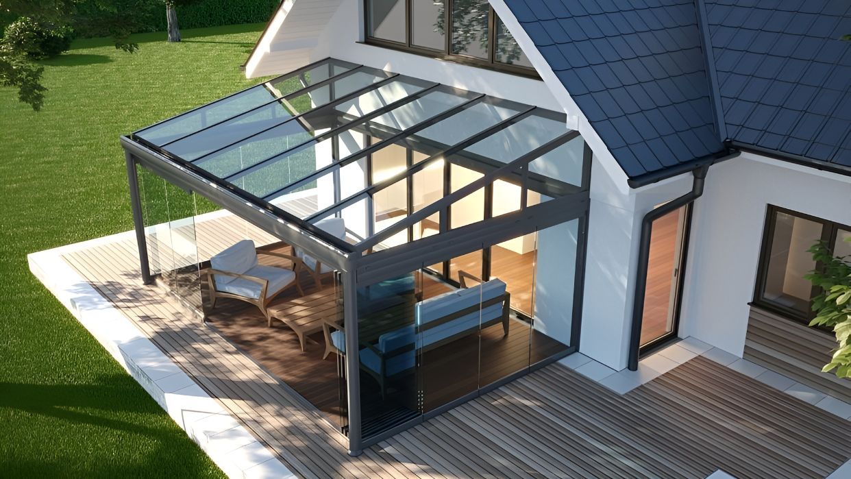 An Aerial View of a House With a Glass Roof and a Patio — Twin Cities Glass In Albury, NSW