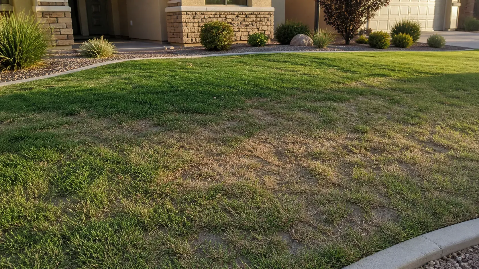 Front yard lawn with dry, patchy grass beside a house and sidewalk