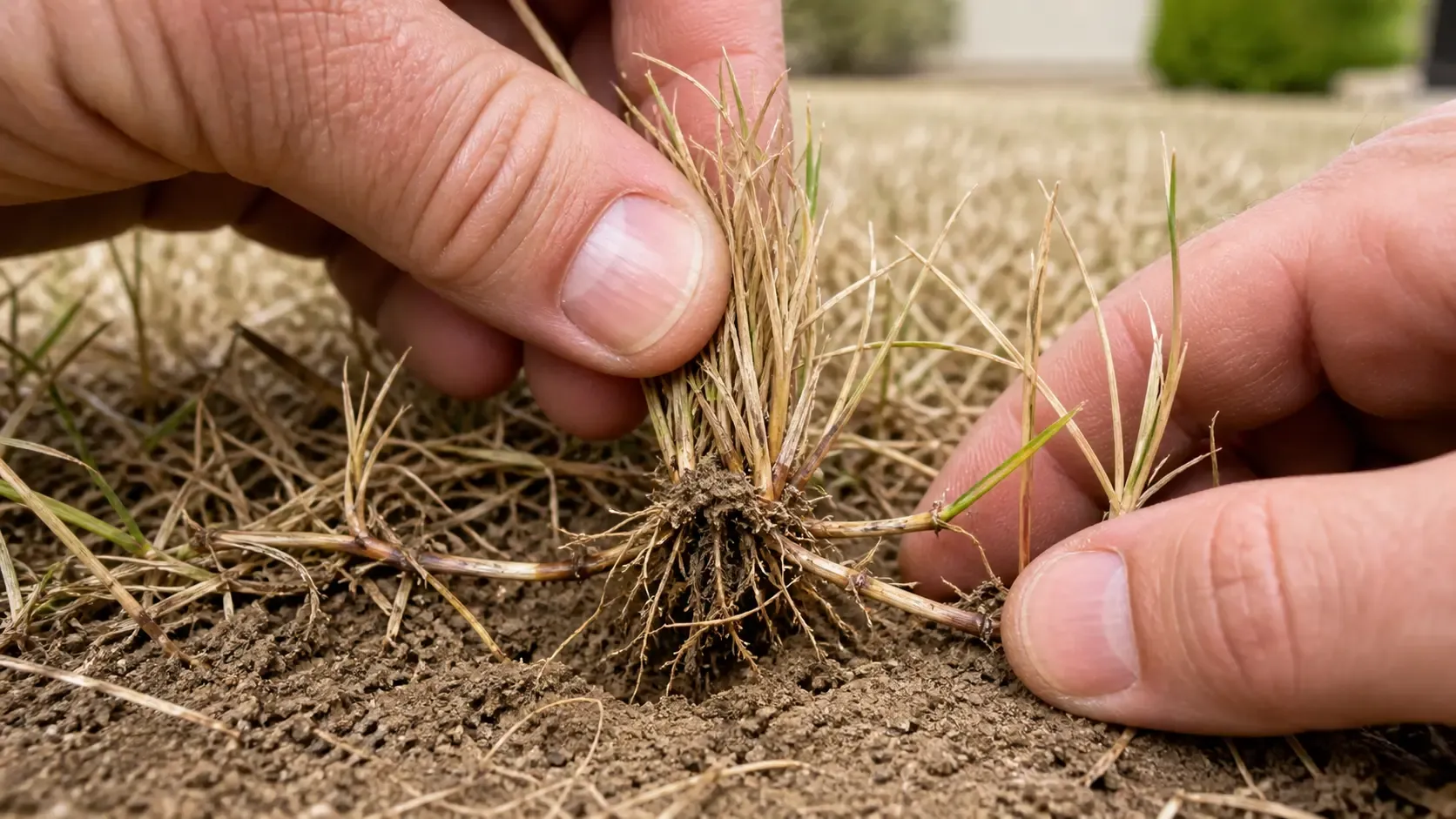 Hands planting a small dry seedling in soil in a garden bed