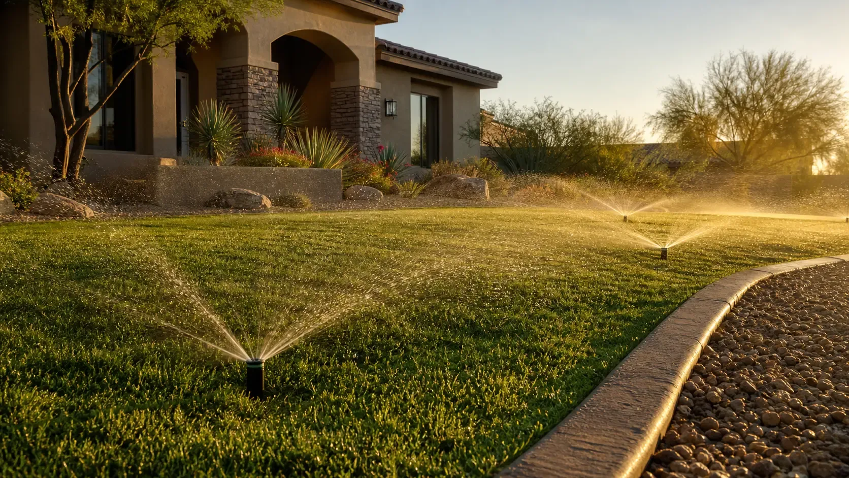 Sprinkler watering a lawn early in the morning