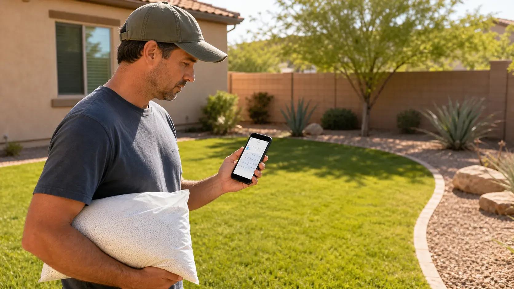 Man holding a phone and white pillow in a sunny backyard with green lawn and desert landscaping