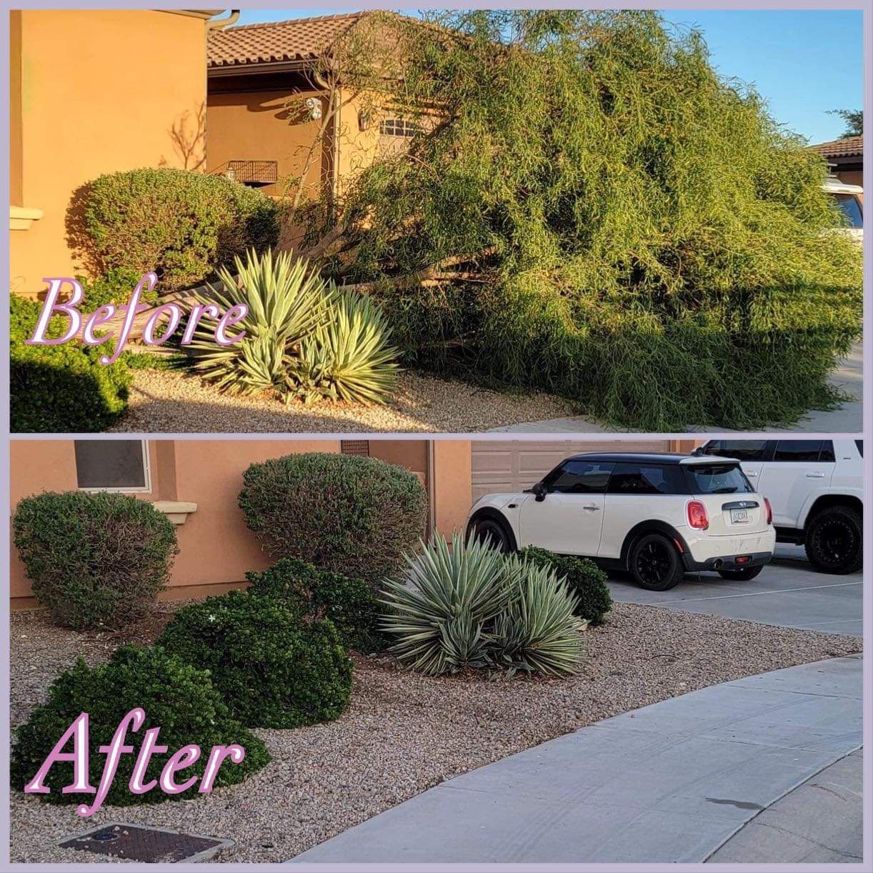 A before and after picture of a house with a white car parked in front of it.